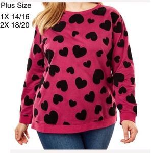 Velvet Black Heart Appliqué on Fuchsia Tunic Pullover Sweatshirt Sz 1x or 2x